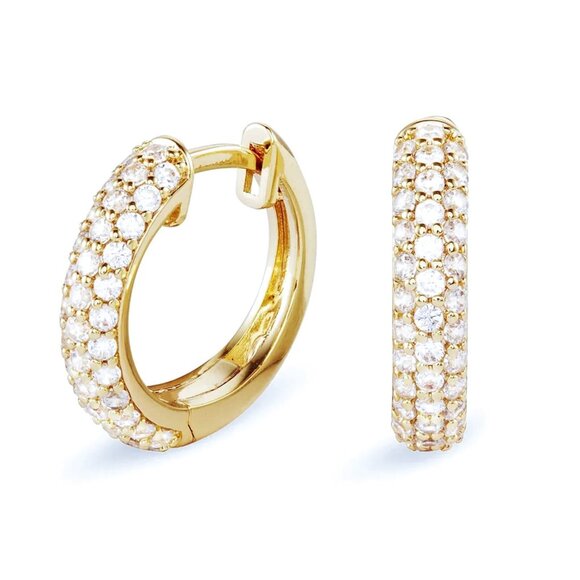 Honey Comb Set 3D Iced Cz Yellow Gold Plated 925 Sterling Silver Hoop Earrings - Picture 4 of 5